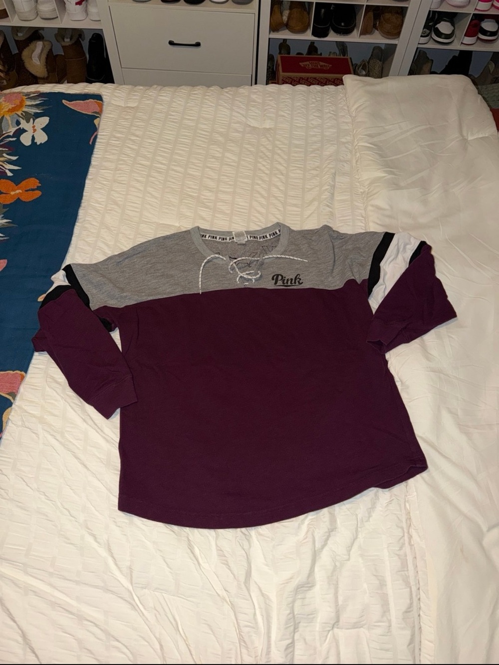 PINK Victoria's Secret Gray and Plum Lace-Up Colorblock Long Sleeve Tee